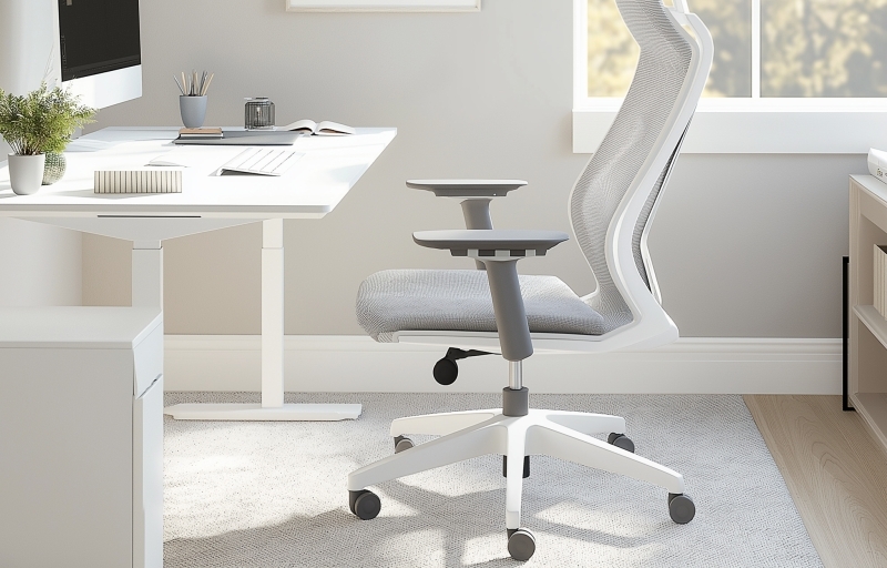 Nowoczesne biuro z ergonomicznym krzesłem i stelażem biurka z regulacją wysokości.