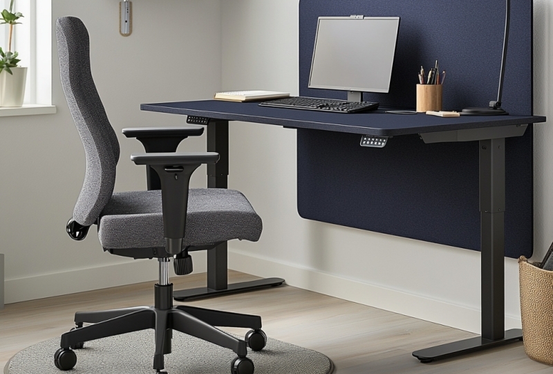 Nowoczesne biuro z biurkiem regulowanym elektrycznie i ergonomicznym krzesłem.
