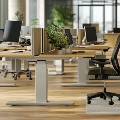 W nowoczesnym biurze znajdują się biurka regulowane elektrycznie i ergonomiczne krzesła.