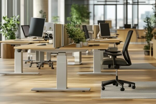 W nowoczesnym biurze znajdują się biurka regulowane elektrycznie i ergonomiczne krzesła.