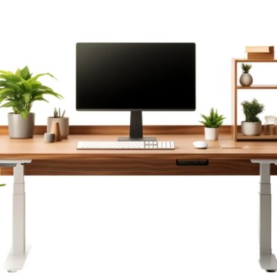 Na obrazku widać nowoczesne biurka z regulowaną wysokością, ozdobione roślinami i sprzętem komputerowym.