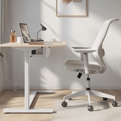 Nowoczesne biuro domowe z biurkiem z regulacją wysokości i ergonomicznym krzesłem.