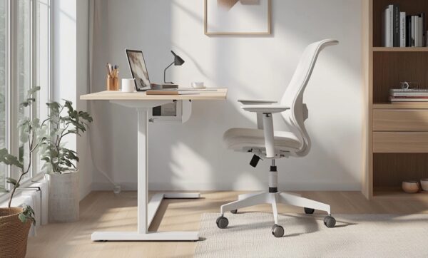 Nowoczesne biuro domowe z biurkiem z regulacją wysokości i ergonomicznym krzesłem.