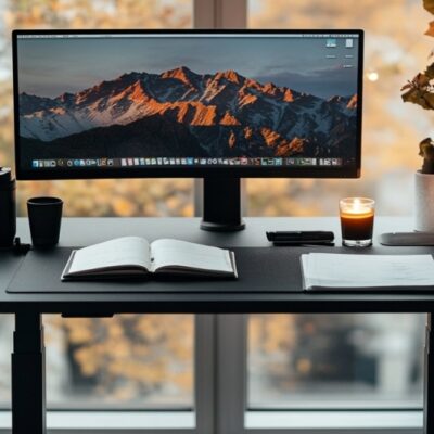 Na biurku z regulowaną wysokością blatu stoi monitor i kilka świec.