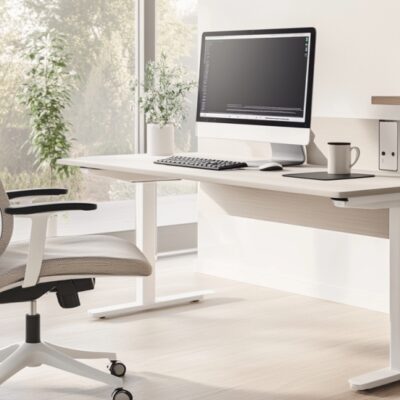 Przy oknie stoi nowoczesne biurko podnoszone elektrycznie z komputerem i krzesłem biurowym.