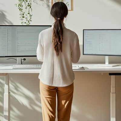 Kobieta pracuje przy biurku elektrycznym, które umożliwia regulację wysokości.