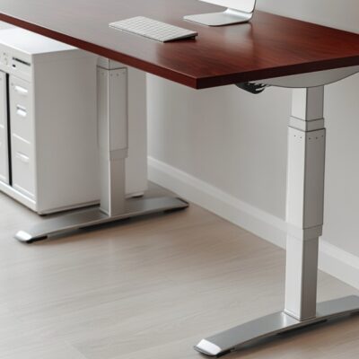 Biurko o regulowanej wysokości z drewnianym blatem i metalowymi nogami stoi na jasnej podłodze.