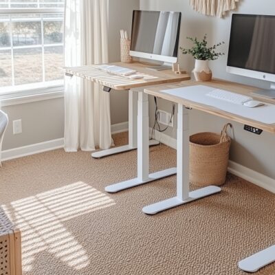 W jasnym pokoju stoją dwa biurka z podnoszonym blatem, na których znajdują się komputery.