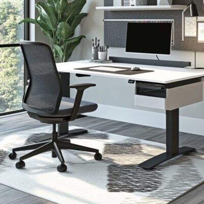 Biurko z regulacją wysokości blatu stoi przy oknie w nowoczesnym gabinecie.