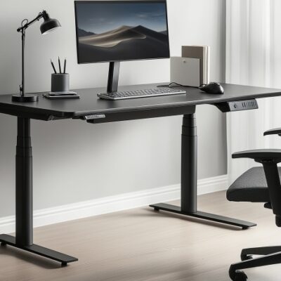 Nowoczesne biurko regulowane elektrycznie z komputerem, lampką i krzesłem biurowym.