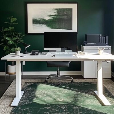 Nowoczesne biuro z biurkiem z regulowanym blatem, otoczone roślinami i ciemnozielonymi ścianami.