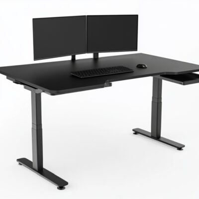 Czarne biurko z dwoma monitorami, klawiaturą i myszką, posiada regulowane nogi do biurka.