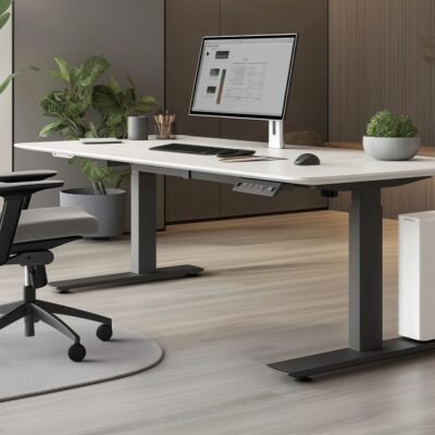 Nowoczesne biuro z dużym monitorem na biurku, które ma stelaż biurka regulowany.