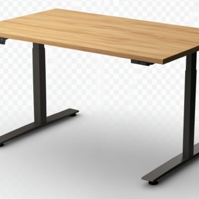 Biurko z drewnianym blatem opartym na metalowym stelażu biurka.