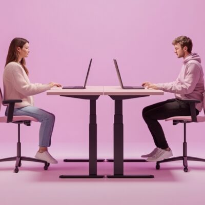 Dwie osoby siedzą naprzeciwko siebie przy biurku z nowoczesnym stelażem do biurka.