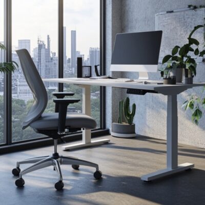 Nowoczesne biuro z komputerem na biurku, które wspierają stelaże metalowe do mebli biurowych.