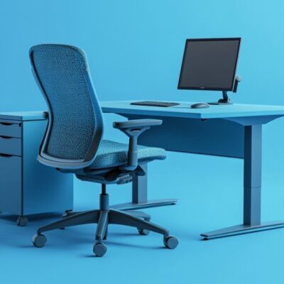 Nowoczesne biuro z komputerem na biurku, które ma stelaż biurka z regulacją wysokości.