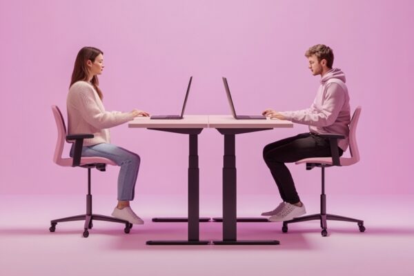 Dwie osoby pracują przy laptopach, siedząc przy biurkach opartych na stelażach do biurek.
