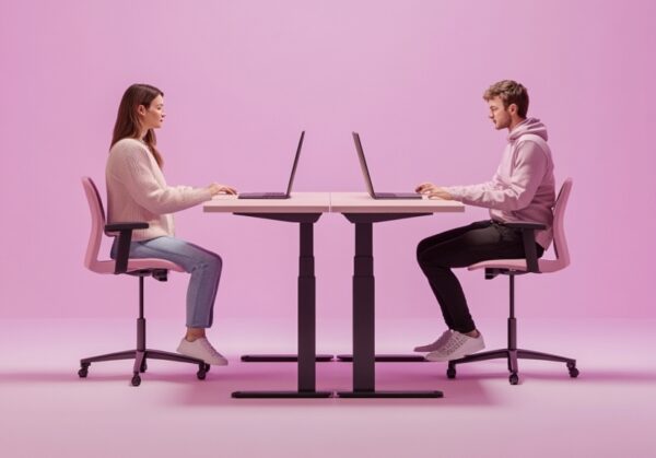 Dwie osoby pracują przy laptopach, siedząc przy biurkach opartych na stelażach do biurek.