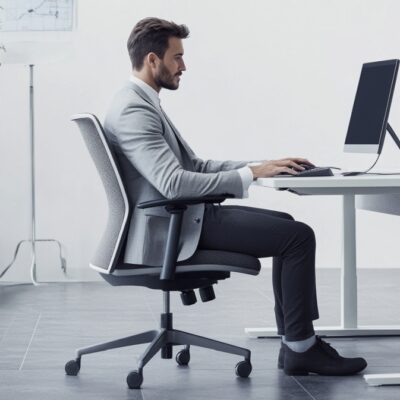 Mężczyzna siedzi przy biurku podnoszonym elektrycznie, pracując na komputerze.