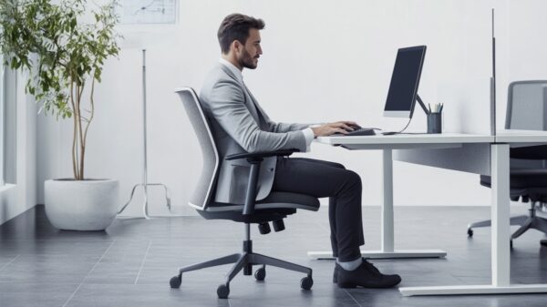 Mężczyzna siedzi przy biurku podnoszonym elektrycznie, pracując na komputerze.