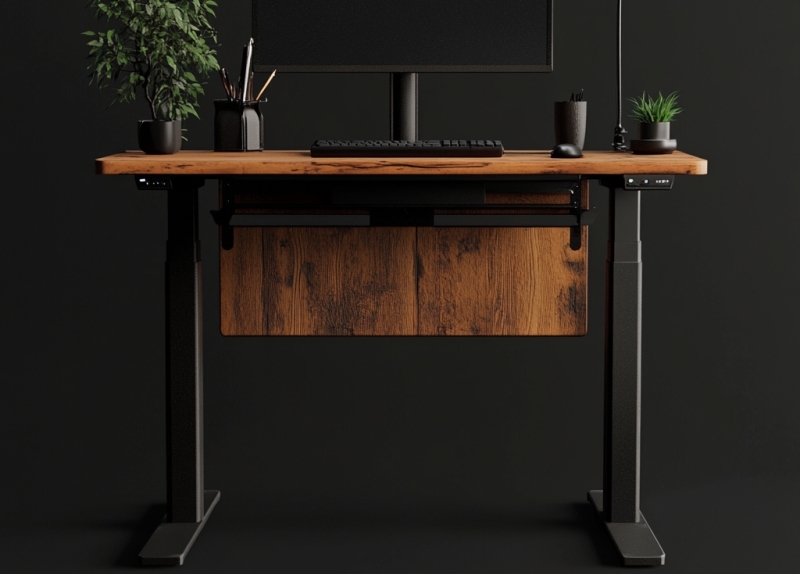 Na obrazie znajduje się biurko z regulacją wysokości blatu, wyposażone w komputer i elementy dekoracyjne.