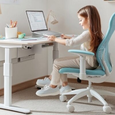 Dziewczynka siedzi przy biurku z regulacją wysokości, pracując na laptopie.