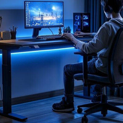 Użytkownik siedzący przy biurku regulowanym z oświetleniem LED, grający na komputerze.