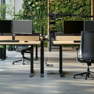 Nowoczesne biuro z biurkami z podnoszonym blatem i zieloną ścianą w tle.