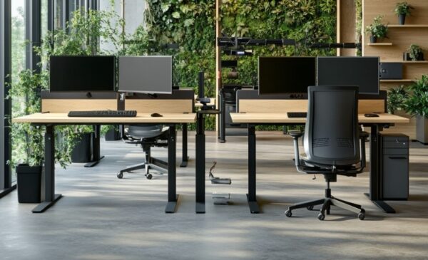 Nowoczesne biuro z biurkami z podnoszonym blatem i zieloną ścianą w tle.