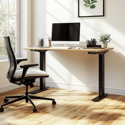 Nowoczesne, jasne biuro z biurkiem o regulowanej wysokości.