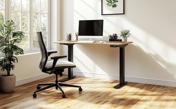 Nowoczesne, jasne biuro z biurkiem o regulowanej wysokości.