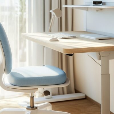 Biurko z regulacją wysokości stoi obok jasnoniebieskiego krzesła w nowoczesnym, słonecznym pokoju.