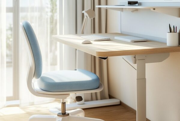 Biurko z regulacją wysokości stoi obok jasnoniebieskiego krzesła w nowoczesnym, słonecznym pokoju.
