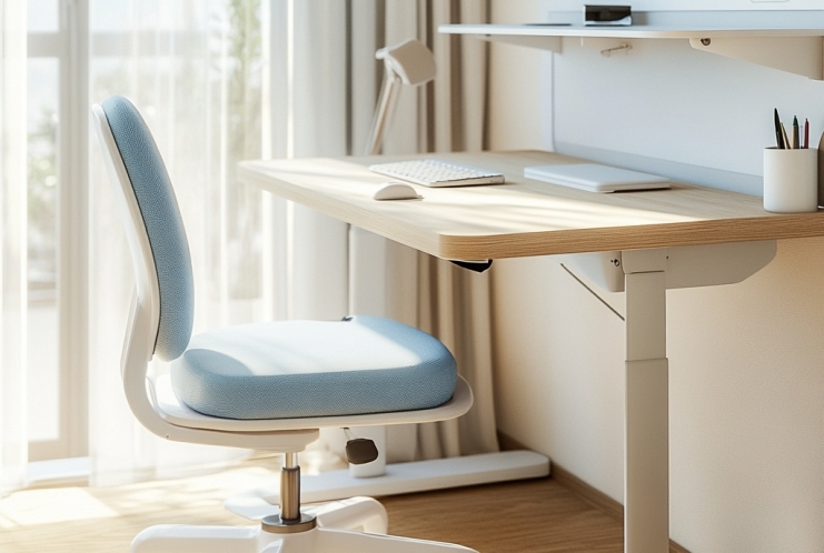 Biurko z regulacją wysokości stoi obok jasnoniebieskiego krzesła w nowoczesnym, słonecznym pokoju.