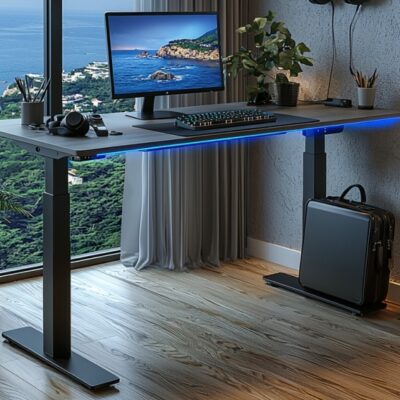 Biurko z monitorem na tle widoku z okna, prezentujące nowoczesne biurka elektryczne.