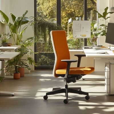 Nowoczesne biuro z roślinami, jasnymi biurkami i widocznym stelażem biurka.