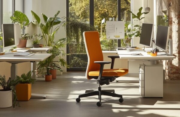 Nowoczesne biuro z roślinami, jasnymi biurkami i widocznym stelażem biurka.
