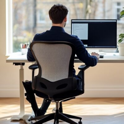 Mężczyzna siedzi przy biurku z regulowanym stelażem, pracując na komputerze w jasnym pokoju z roślinami.