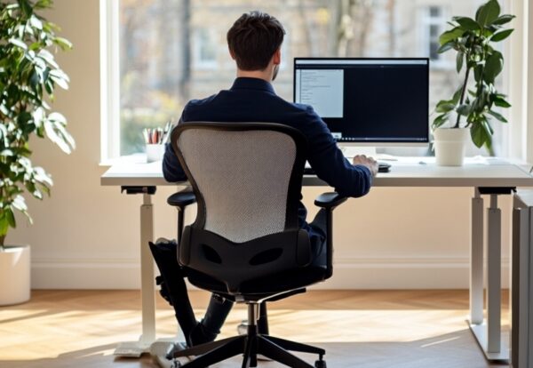 Mężczyzna siedzi przy biurku z regulowanym stelażem, pracując na komputerze w jasnym pokoju z roślinami.