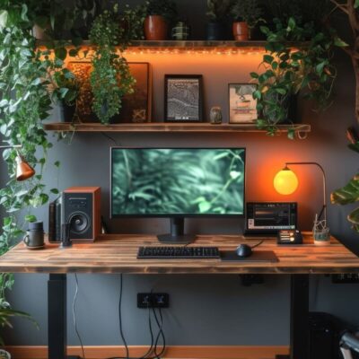 Nowoczesne biurko z regulowanym blatem otoczone roślinami i gadżetami elektronicznymi w przytulnym wnętrzu.
