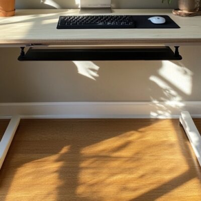 Biurko z jasnym blatem, pod którym znajduje się noga do biurka w białym kolorze.