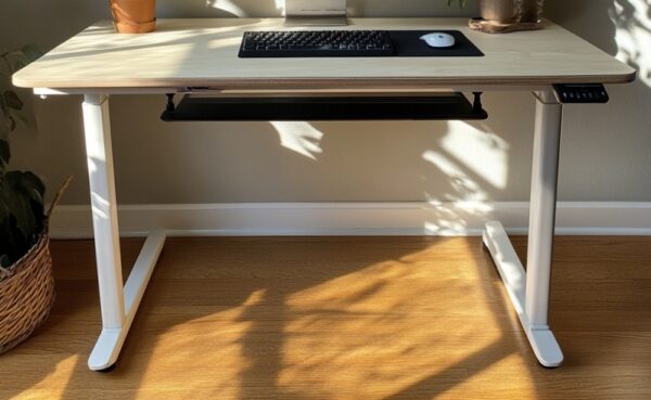 Biurko z jasnym blatem, pod którym znajduje się noga do biurka w białym kolorze.