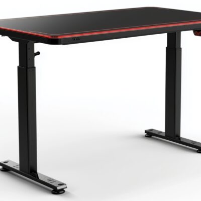 Czarne biurko z czerwonymi akcentami, z regulowanymi nogami do biurka.