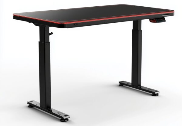 Czarne biurko z czerwonymi akcentami, z regulowanymi nogami do biurka.