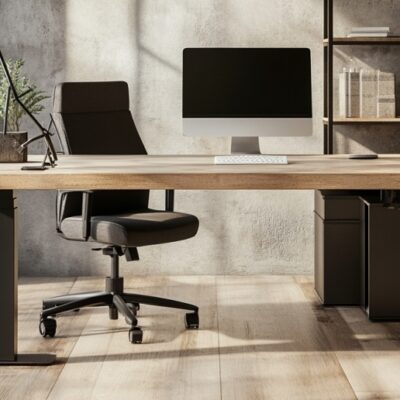 Nowoczesne biuro z komputerem na biurku, które ma stelaż biurka regulowany.