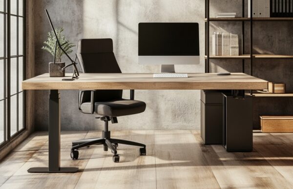Nowoczesne biuro z komputerem na biurku, które ma stelaż biurka regulowany.
