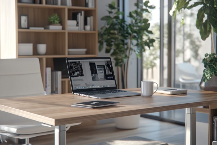 Nowoczesne biuro z drewnianym blatem na stelażu metalowym do mebli biurowych.