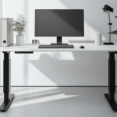 Nowoczesne biurko z komputerem, wspierane przez solidny stelaż do biurka.