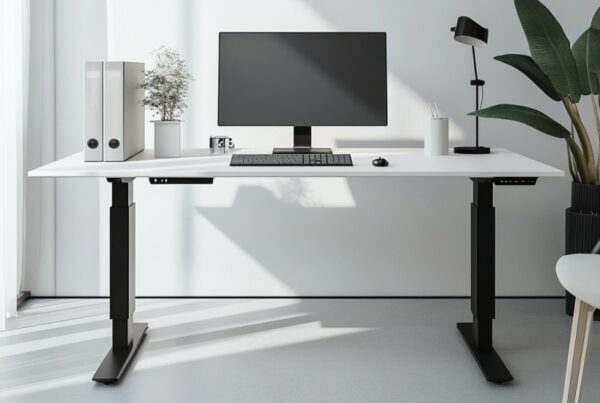 Nowoczesne biurko z komputerem, wspierane przez solidny stelaż do biurka.
